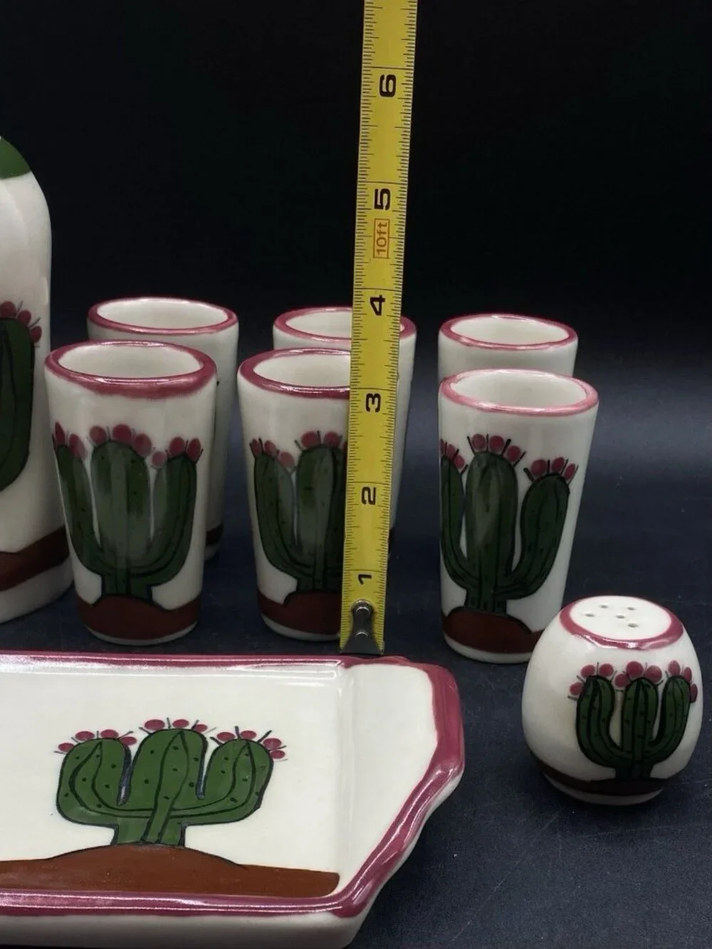 LM Mexico Tequila Sombrero Cactus Set Shot Glasses Salt Shaker Tray Vitrified ￼